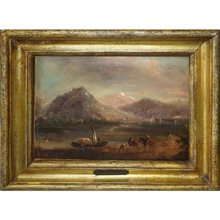 Antonie  VAN SMINCK PITLOO (1791 - 1837)  - Paesaggio con barche e personaggi con cavalli