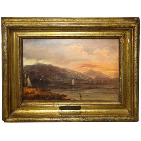 Antonie  VAN SMINCK PITLOO (1791 - 1837)  - Paesaggio marino con barche e personaggi