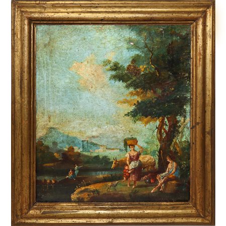 Paesaggio agreste con personaggi intenti nei lavori quotidiani, Venetian scuola 18° secolo