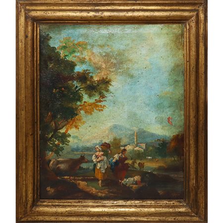 Paesaggio agreste con personaggi intenti nei lavori quotidiani, Venetian scuola 18° secolo