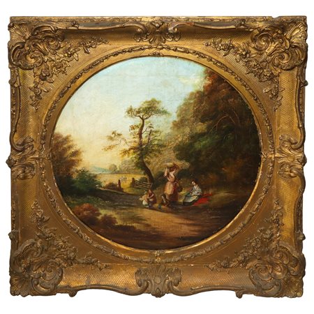 Paesaggio campestre con personaggi intenti nella raccolta del grano , fine 18° secolo