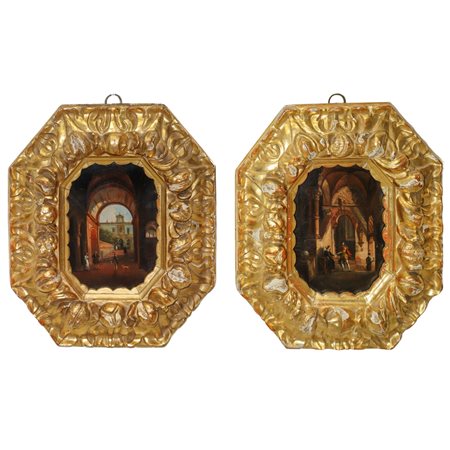 Giuseppe Bernardino Bison (Palmanova 16/06/1762 - Milano 24/08/1844)  - Coppia di tavolette ottagonali con scene di genere nobiliari