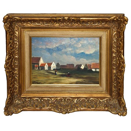 Franz Graf (1840 - 1916)  - Paesaggio rurale con case e personaggi , 1866