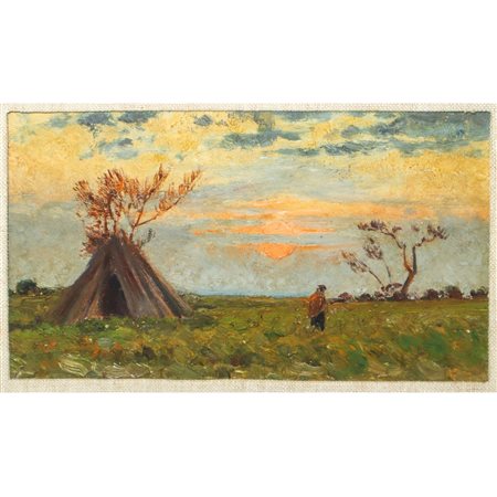 Gennaro Pardo (Castelvetrano 12/04/1865 - Castelvetrano 04/09/1927)  - Contadina nel campo al tramonto, Montesanto, 03/19/1919