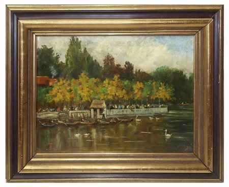 Franz Skarbina (Berlino 1849 - Berlino 1910)  - Paesaggio con lago