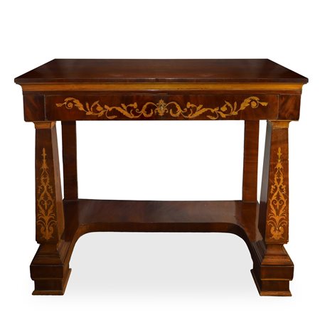 Consolle Carlo X in legno di piuma di mogano con intarsi in legni chiari, piedi a balaustra intarsiati, Sicily, first quarter of the 19° secolo