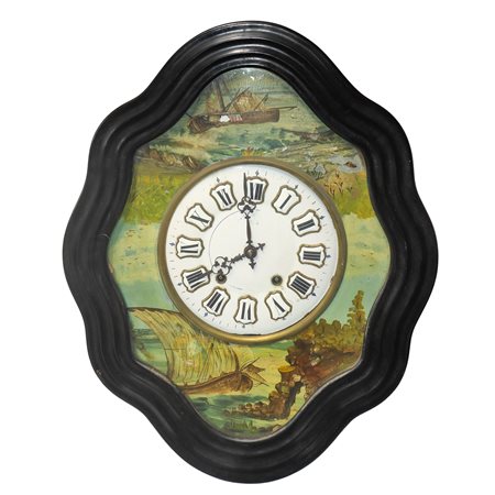 Orologio a occhio di bue da parete con velieri dipinti intorno al quadrante, 19° secolo