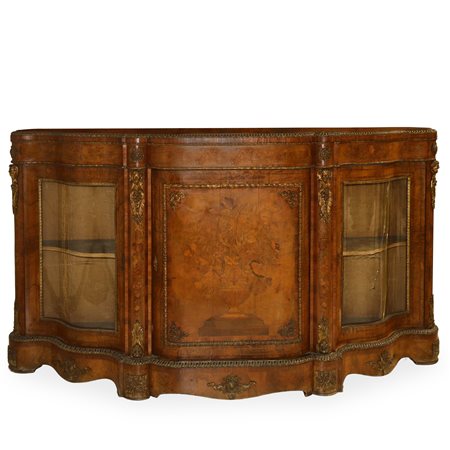 Etagere Napoleone III  in radica di noce con intarsi in legni chiari  DI TIPO FLOREALE  e bronzi applicati, 19° secolo