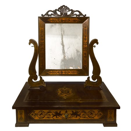 Tolettina in legno e radica di noce e palissandro con intarsi in legno di palissandro e cassetto alla base