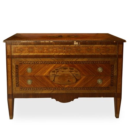 Cassettone in stile Maggiolini con intarsi sul fronte, 20° secolo