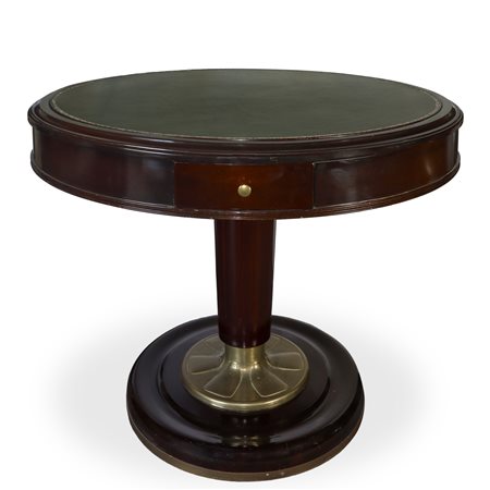 Tavolo rotondo da gioco con piano double-face con pelle verde in legno di mogano e ottone, fine 20° secolo