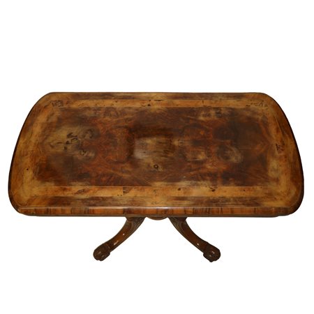 Tavolo da gioco in legno e radica di noce con piede a 4 razze, England 19° secolo