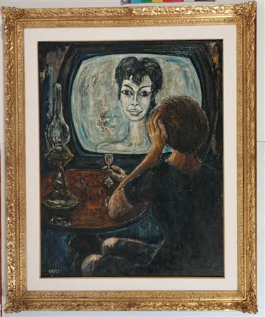 GAULI PIERO Milano (Milano ) 1916 Enza Sanpò davanti la televisione 1960 Olio...