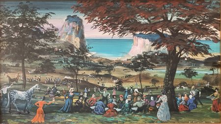 MARINELLI MARIO Ancona (An) 1906 Pic nic 1964 Olio su tavola 20,00x35,00...