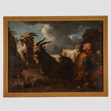 Philipp Peter Ross (Francoforte sul Meno, 1655 - Tivoli, 1706) 
Pastore con capre e pecora in paesaggio agreste. XVII sec
olio su tela cm 48,5x64,5; con cornice cm 54,5x70
