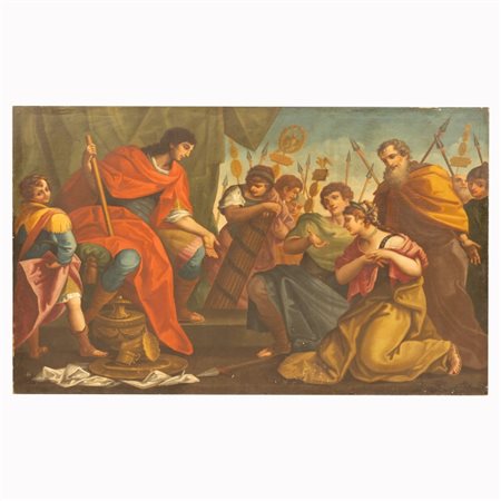  
La continenza di Scipione. Grande dipinto, in prima tela, di scuola romana. Fine XVII Secolo, Inizi XVIII Secolo
Olio su tela cm 250x150