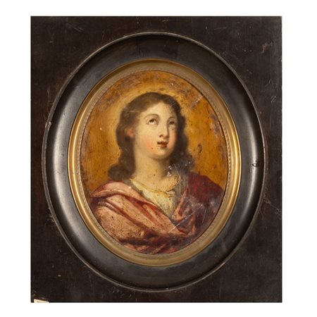  
RAMINA Figura di giovane adorante XVIII sec
Olio su rame ovale Rame: cm 16,5x14. Cornice cm 25x22