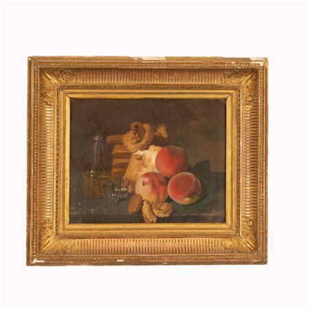  
Natura morta con bottiglia, biscotti, pesche e mosca XIX secolo
olio su tela cm 29x35,5; con cornice cm 46x52