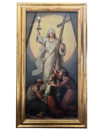  
ALLEGORIA DELLE TRE VIRTÙ CARDINALI: FEDE, SPERANZA E CARITÀ fine XVIII primi del XIX secolo
olio su tela applicata su tavola cm 46x22; con cornice cm 57x31