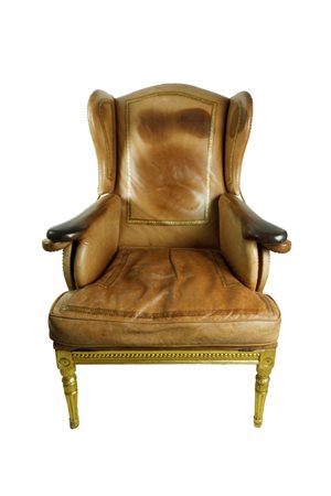  
Poltrona Bergere-chaise longue in pelle con decori su seduta e schienale 
 cm 120x72x59