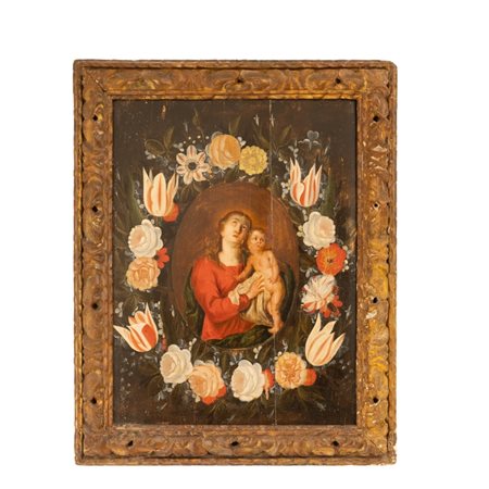  
 "Madonna con Bambino in ghirlanda di fiori" Fine XVI Secolo
Dipinto olio su tavola cm. 65x48,5; cornice cm. 78x62