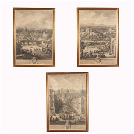 Giuseppe  Vasi (Corleone, 1710  - Roma, 1782) 
Lotto di tre acqueforti  
acquaforte su carta vergata cm 102x70; con cornice cm 109,5x77,2
