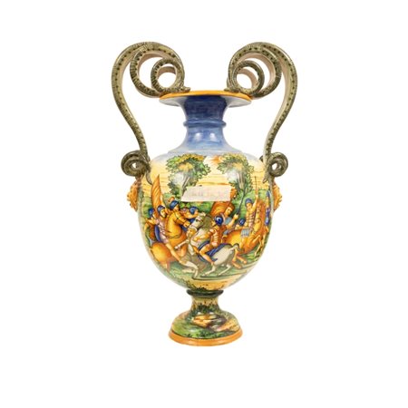  
Vaso istoriato in maiolica, Molaroni, Pesaro 
 cm 55x35x25