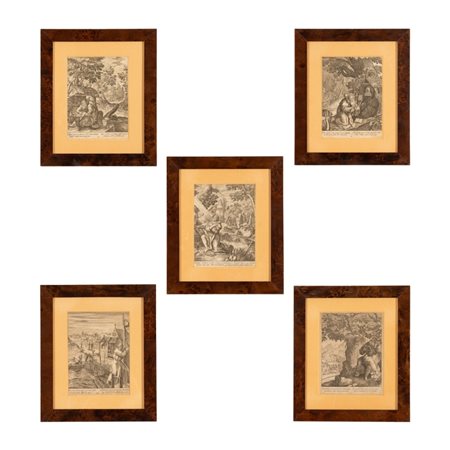 
Lotto di cinque tavole calcografiche di Francesco Valesio 
 cm 19,5x14,5; con cornice cm  32,5x28