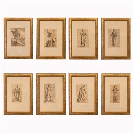 Francois Perrier (Pontarlier, 1590 - Parigi, 1650) 
Lotto di otto incisioni raffiguranti personaggi della mitologia greca 
 cm 42x27; con cornice cm 50x34,5