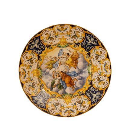 Manifattura Angelo Giustiniani, seconda metà del XIX secolo  
Grande piatto in ceramica policroma.  
 diametro cm 63