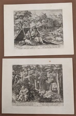  
Lotto di 14 incisioni di anacoreti e un frontespizio incise da Raphael Sadeler da disegni di Martin de Vos 
 cm 28x22,5 circa