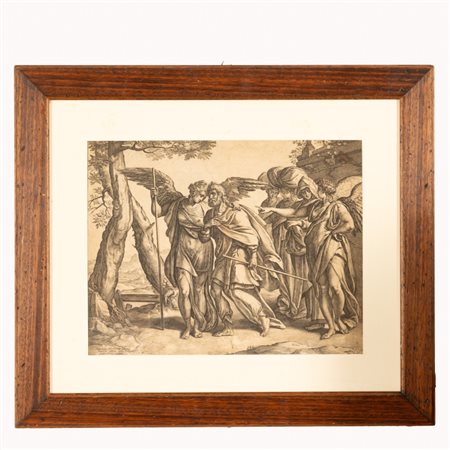 Hendrick  Goltzius (Muhlbracht, 1558  - Haarlem, 1617) 
Lot e le sue figlie lasciano Sodoma 
 cm 31x39,5; con cornice cm 52,3x60,5
