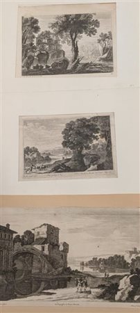 Gabriel Perelle (Vernon, 1604 - Parigi, 1677) 
Lotto di tre incisioni rappresentanti paesaggi con viandanti 
 cm 16,5x22,5; cm 18,5x30,5; cm 19x27,5