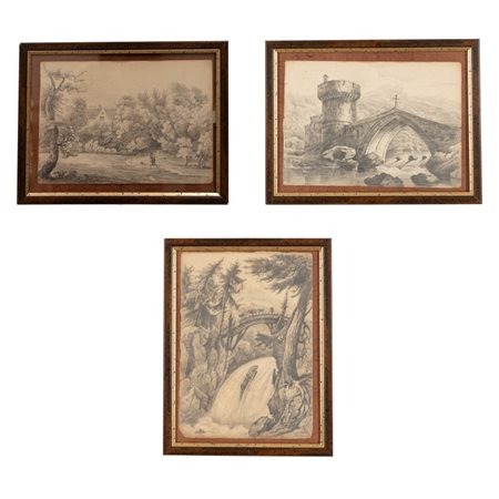  
Lotto di 3 disegni della campagna inglese realizzati en plain air  
 cm 26x36; con cornice cm 34x44