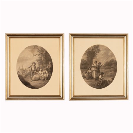  
Lotto di due incisioni ovali rappresentanti scene galanti durante la festa del Majo e la pesca lungo il fiume 
 ovale cm 30x25; cornice cm 46x41