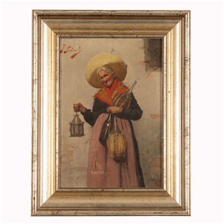 Pietro Pederzoli (1899 - 1975) 
Anziana donna con cappello, lume e fiasco di vetro 
olio su tela cm 31x21,5; con cornice cm 42x32