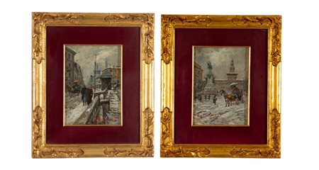 Giuseppe  Solenghi (1879 - 1944) 
Coppia di dipinti raffiguranti strade innevate di città 
olio su tavola cm 14,5x19,5; con cornice cm 31,5x26,6