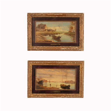 Ugo  Malvano (firma_di) (Torino, 1878 - Finale Ligure, 1958) 
Coppia di paesaggi fluviali 
olio su tavola cm 19,5x34,5; con cornice cm 32x47,5