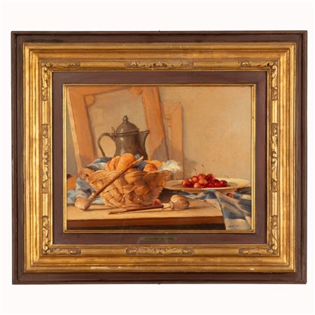 Ugo  Malvano (firma_di) (Torino, 1878 - Finale Ligure, 1958) 
Natura morta con caffettiera pipe e ciliegie 
olio su tavola cm 39,5x52; con cornice cm 62x69