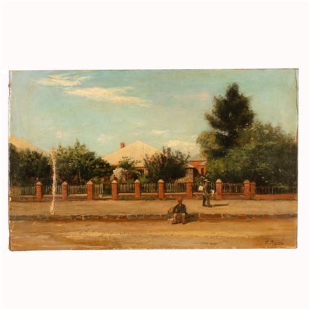 Raffaele  Ragione (firma_di) (Napoli, 1851 - Napoli, 1925) 
Scorcio di via con venditore di frutta 
olio su tela cm 32x51,5; con cornice 67,5x86
