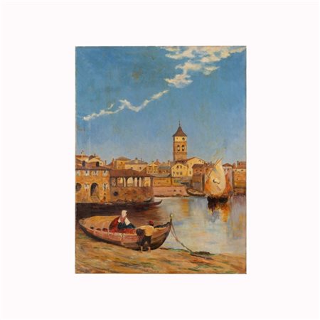  
Pittore Veneto -Veduta di marina con barche e pescatori  inizi XX sec
olio su tela cm 61x45,6
