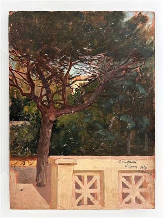 Vittorio Matteo Corcos (Livorno, 1859 - Firenze, 1933) 
"VEDUTA DI PINETA DAL TERRAZZO"  DI CASTIGLIONCELLO 1929 
Olio su cartone rigido 37,4X27,5 S.C. STESSA MISURA PER ENTRAMBI