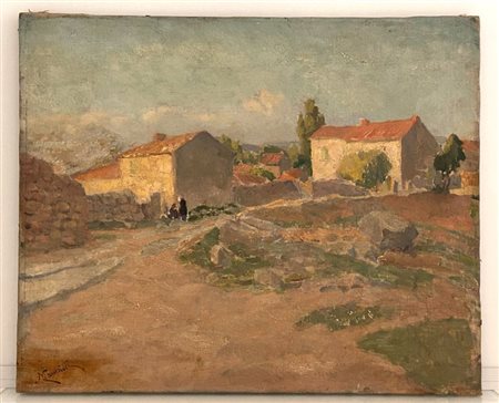Niccolò Cannicci (Firenze , 1846 - Firenze , 1906) 
Paesaggio con casolari 
olio su tela cm 38,5x46; con cornice cm 56x64