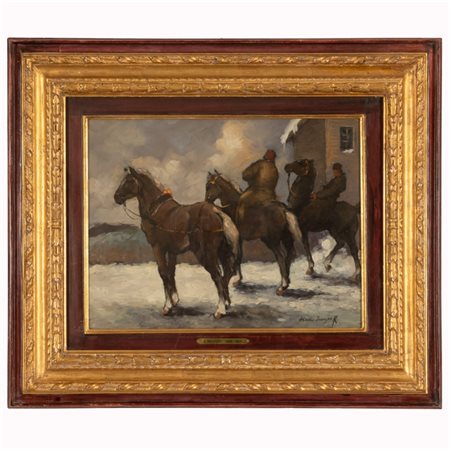 Alessio Issupoff (Vjatka, 1889 - Roma, 1957) 
Cavalli nella neve 
olio su tavola cm 35x45; con cornice cm 59x70
