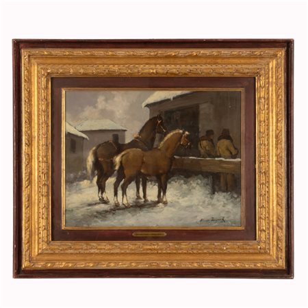 Alessio Issupoff (Vjatka, 1889 - Roma, 1957) 
Riposo dei cavalli nella neve 
olio su tavola cm 35x45; con cornice cm 59,5x69,5