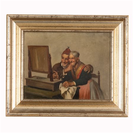 Pietro Pederzoli (attribuito a) (1899 - 1975) 
Coppia di anziani si specchiano 
olio su tela cm 22,5x29; con cornice cm 33,5x40