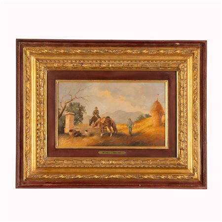 Giuseppe Tirelli (1859 - 1931) 
Cavalli che si abbeverano alla fontana 
olio su tavola cm 21x34; con cornice cm 45x58,5