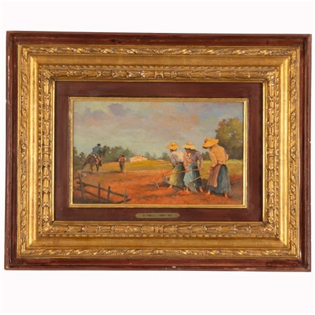Giuseppe Tirelli (1859 - 1931) 
Attività nei campi 
olio su tavoletta cm 21x34; con cornice cm 45x58,5