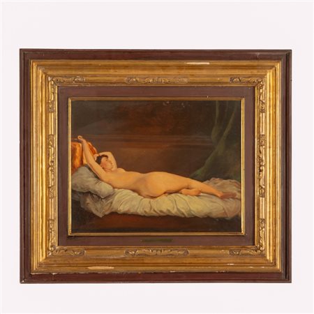 Giovanni  Marchini (Forlì, 1877 - Forlì, 1946) 
Nudo di donna distesa 
olio su tavola cm 35,5x45; con cornice cm 60x69x5