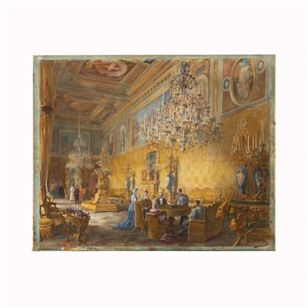 Vincenzo Marchi (Roma, 1818 - Roma, 1894) 
Ricevimento nella Sala del Quirinale XIX secolo
acquerello su carta cm 53,5x64; con cornice cm 76,5x85